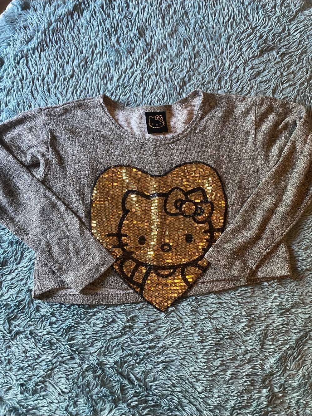 Sanrio Hello Kitty Girls Gold Sequin Heart Knit Cropped Top Size Large (L)